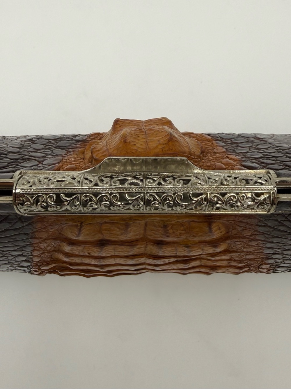 🐊JAPAN • Brown Exotic CROCODILE Frame 30 Top Handle Bag w/ Ornate Silver Trim - Picture 7 of 16